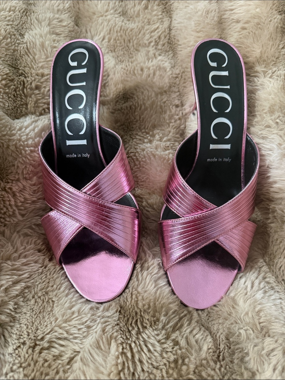 Gucci Metallic Rose Crisscross Slide Heels